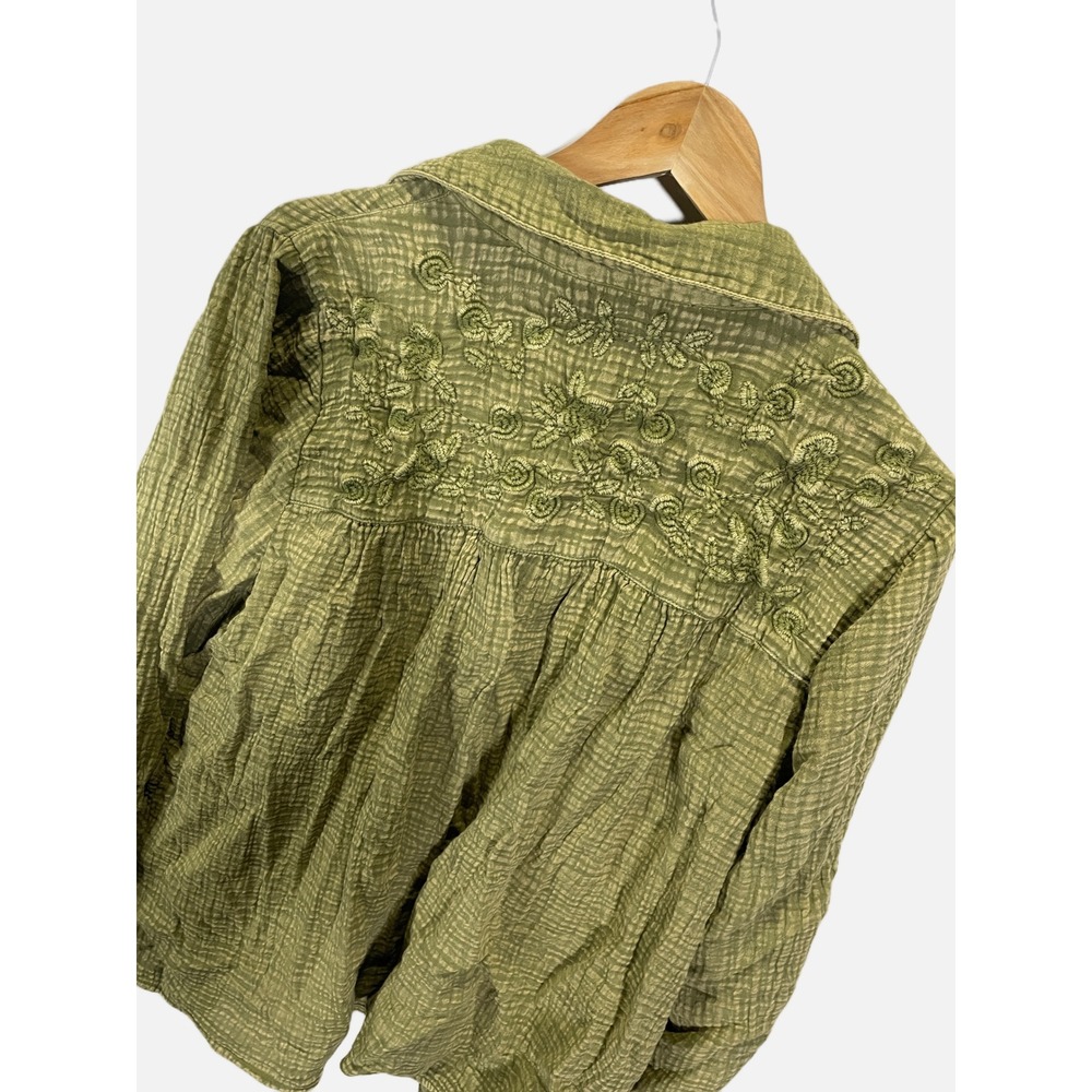 Peace Love World Shirt Womens L Green Embroidered Gauze Boheme Cotton Blouse